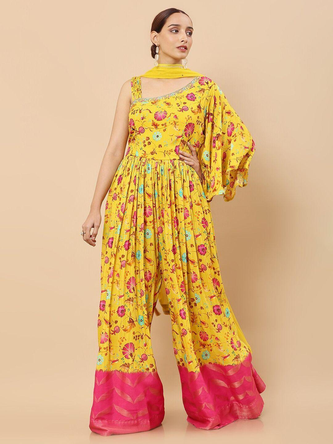 soch yellow & pink printed printed jumpsuit with embroidered