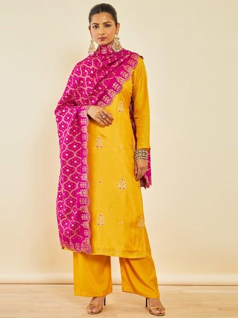 soch yellow & purple embroidered unstitched dress material