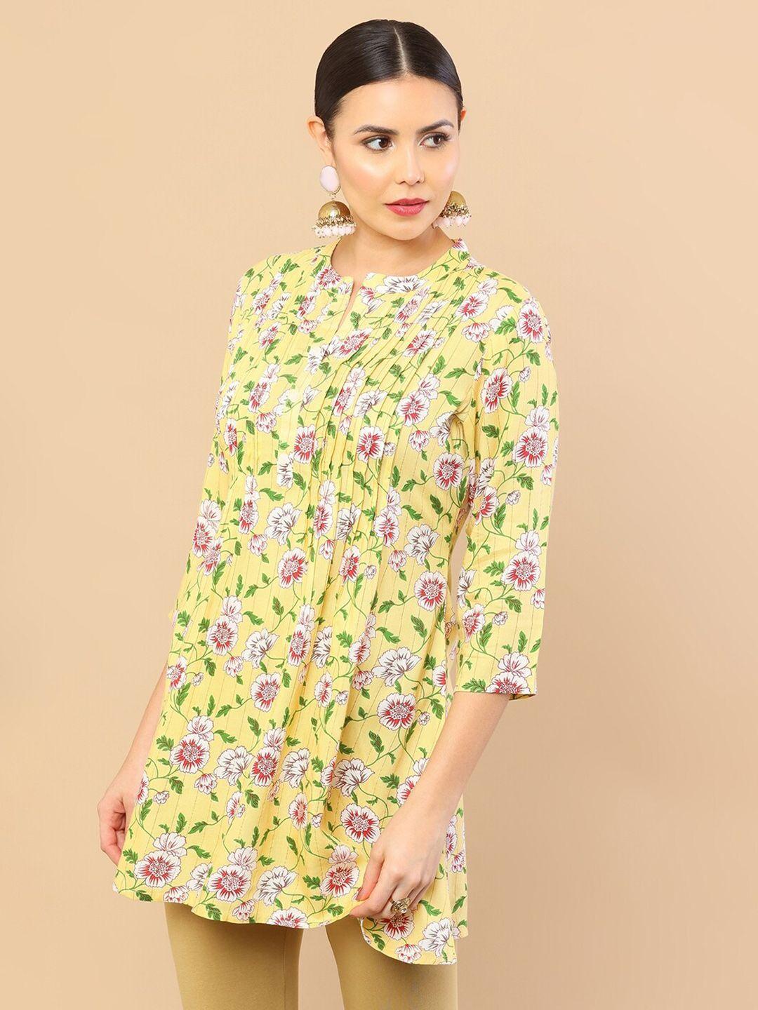 soch yellow & white mandarin collar floral printed tunic