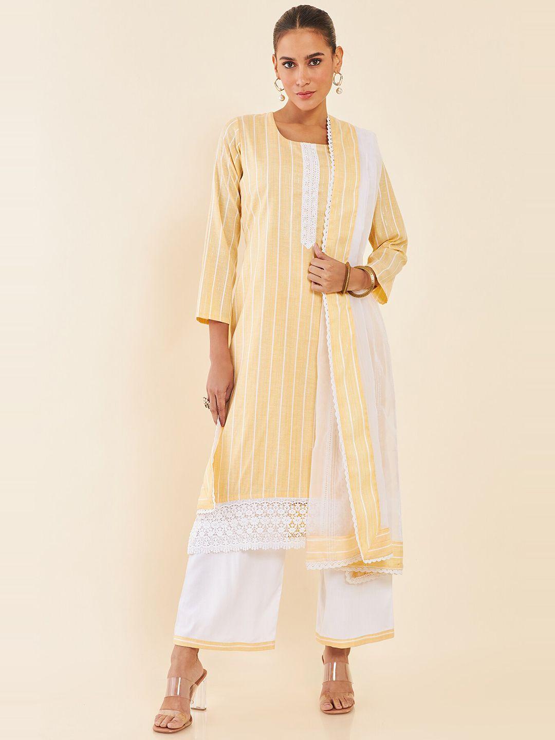 soch yellow & white striped pure cotton unstitched dress material