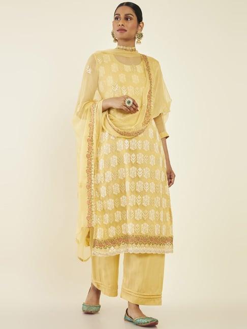 soch yellow chiffon floral embroidered unstitched dress material with 3 mtr kurta fabric