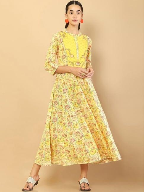 soch yellow cotton floral print anarkali kurta