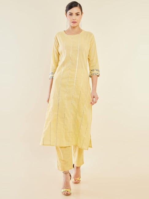 soch yellow cotton striped kurta pant set