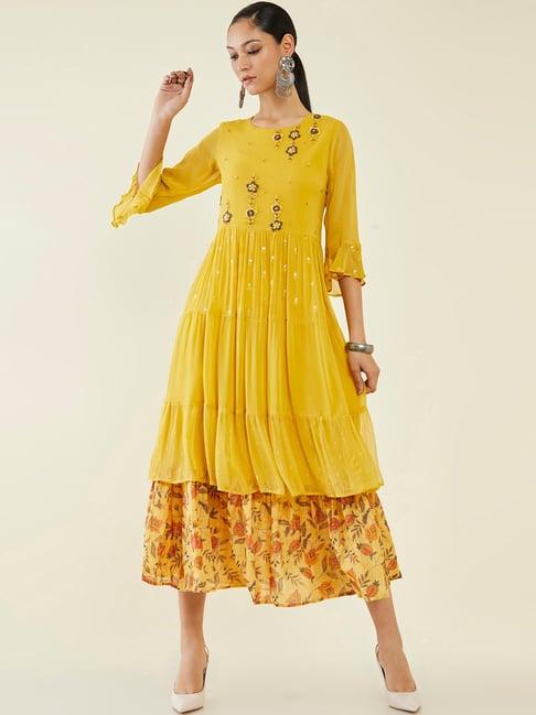 soch yellow embellished a-line dress