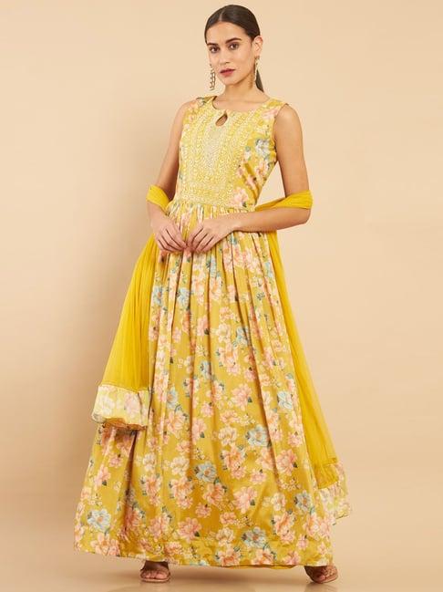 soch yellow embellished kurta churidar set with dupatta