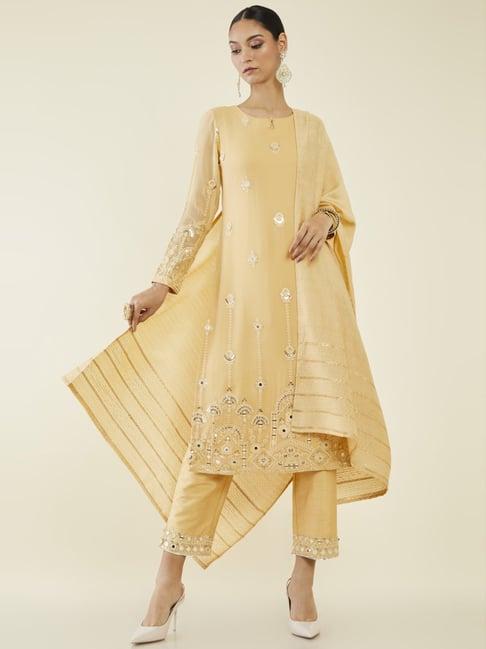 soch yellow embellished kurta pant set with dupatta