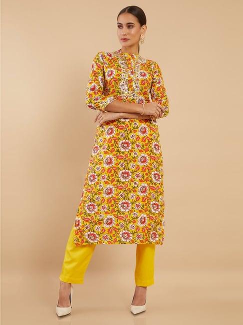 soch yellow embellished kurta pant set