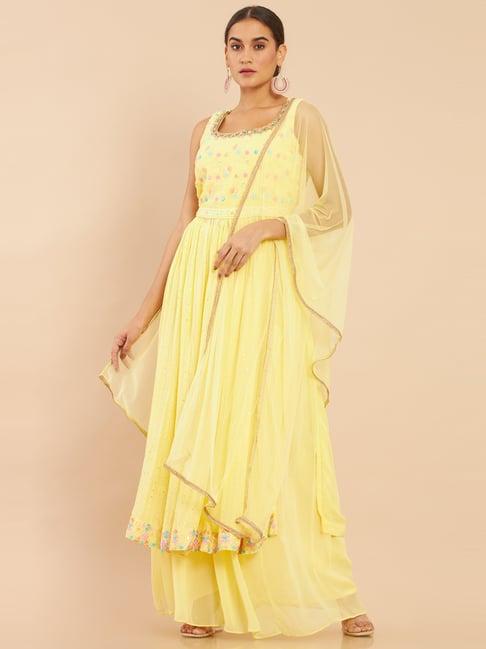 soch yellow embroidered kurta palazzo set with dupatta