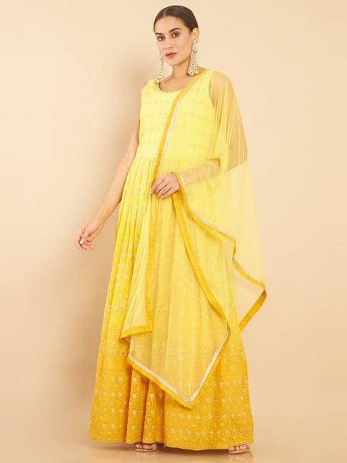 soch yellow embroidered kurta pant set with dupatta