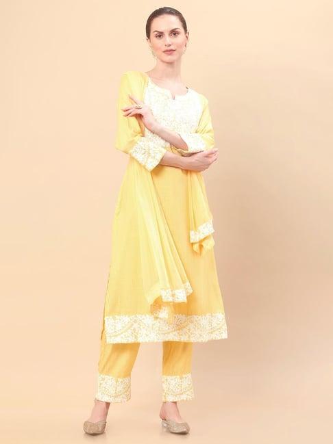 soch yellow embroidered kurta pant set with dupatta