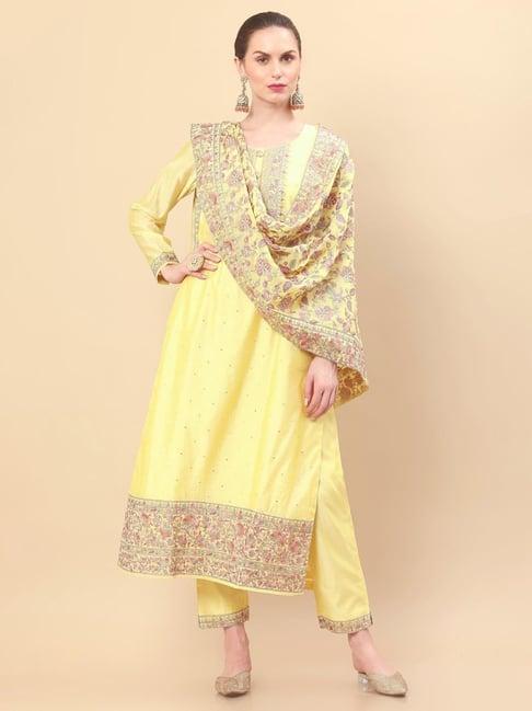 soch yellow embroidered kurta pant set with dupatta