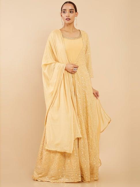 soch yellow embroidered kurta pant set with jacket & dupatta