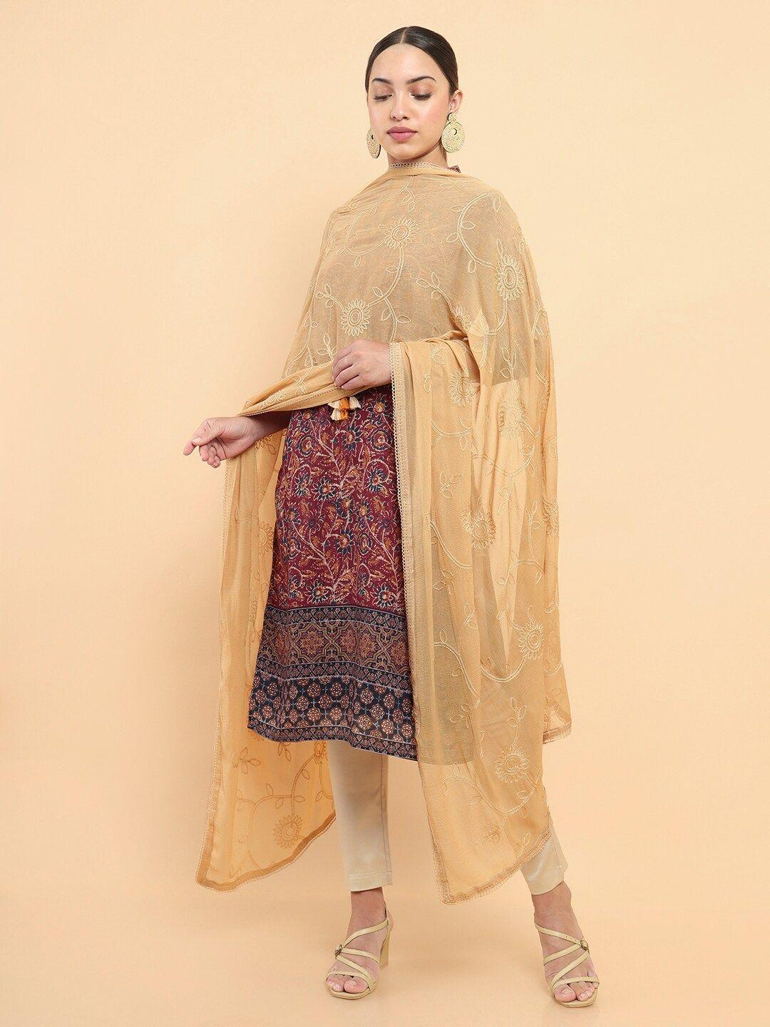 soch yellow embroidered pure cotton dupatta