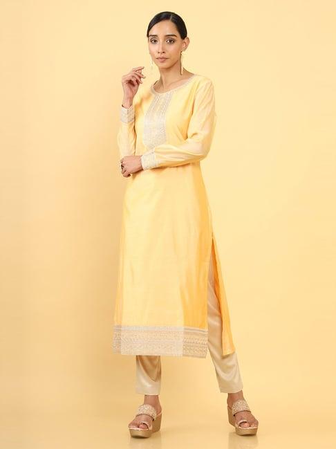 soch yellow embroidered straight kurta