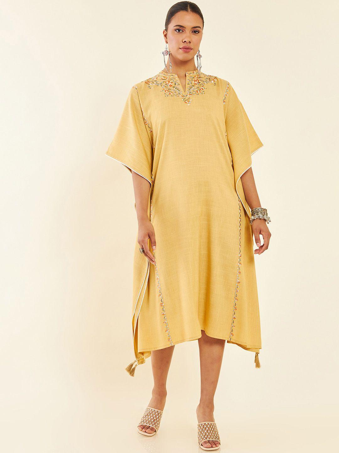 soch yellow extended sleeves embroidered midi kaftan dress