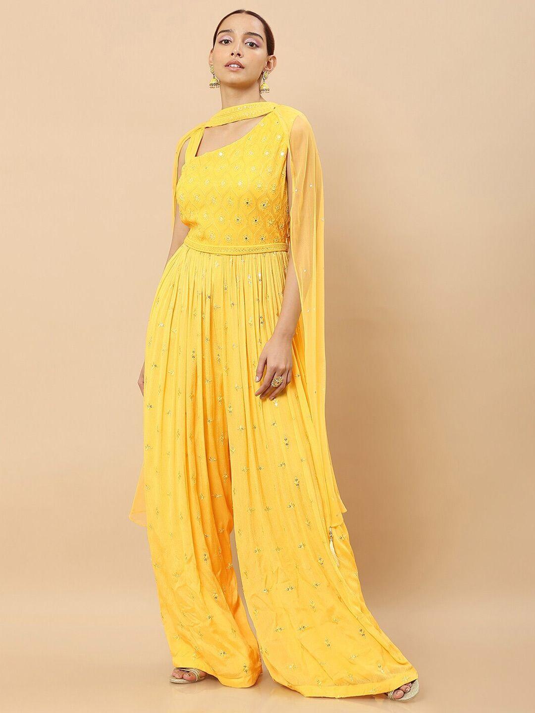 soch yellow printed basic jumpsuit with embroidered