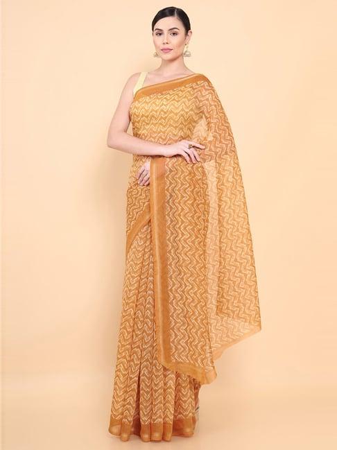soch yellow printed saree with unstitched blouse