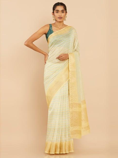 soch yellow silk printed saree with unstitched blouse