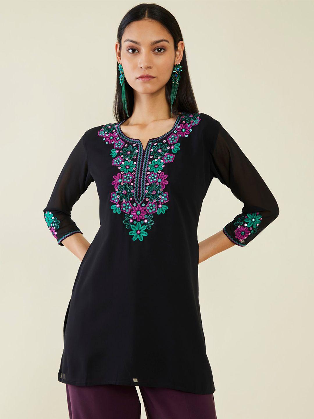 soch yoke boarder floral embroidered notched neck tunic