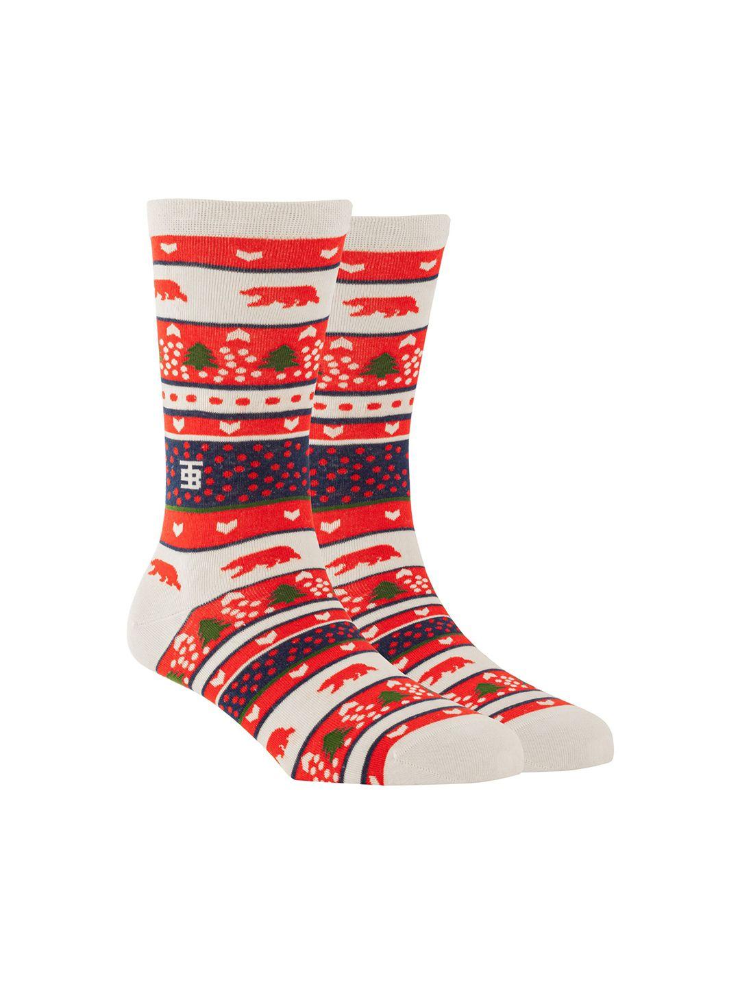 socksoho men white & red patterned calf-length socks
