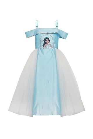 soft blue poly taffeta & net printed dress for girls