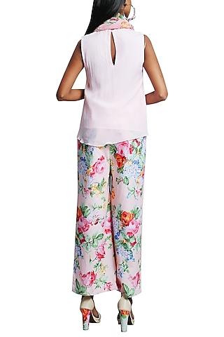 soft pink embroidered top with printed pants & scarf