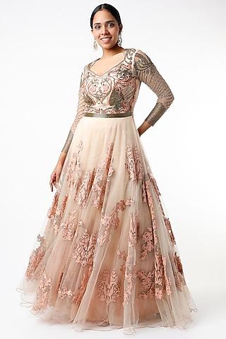 soft coral tulle gown with dori work