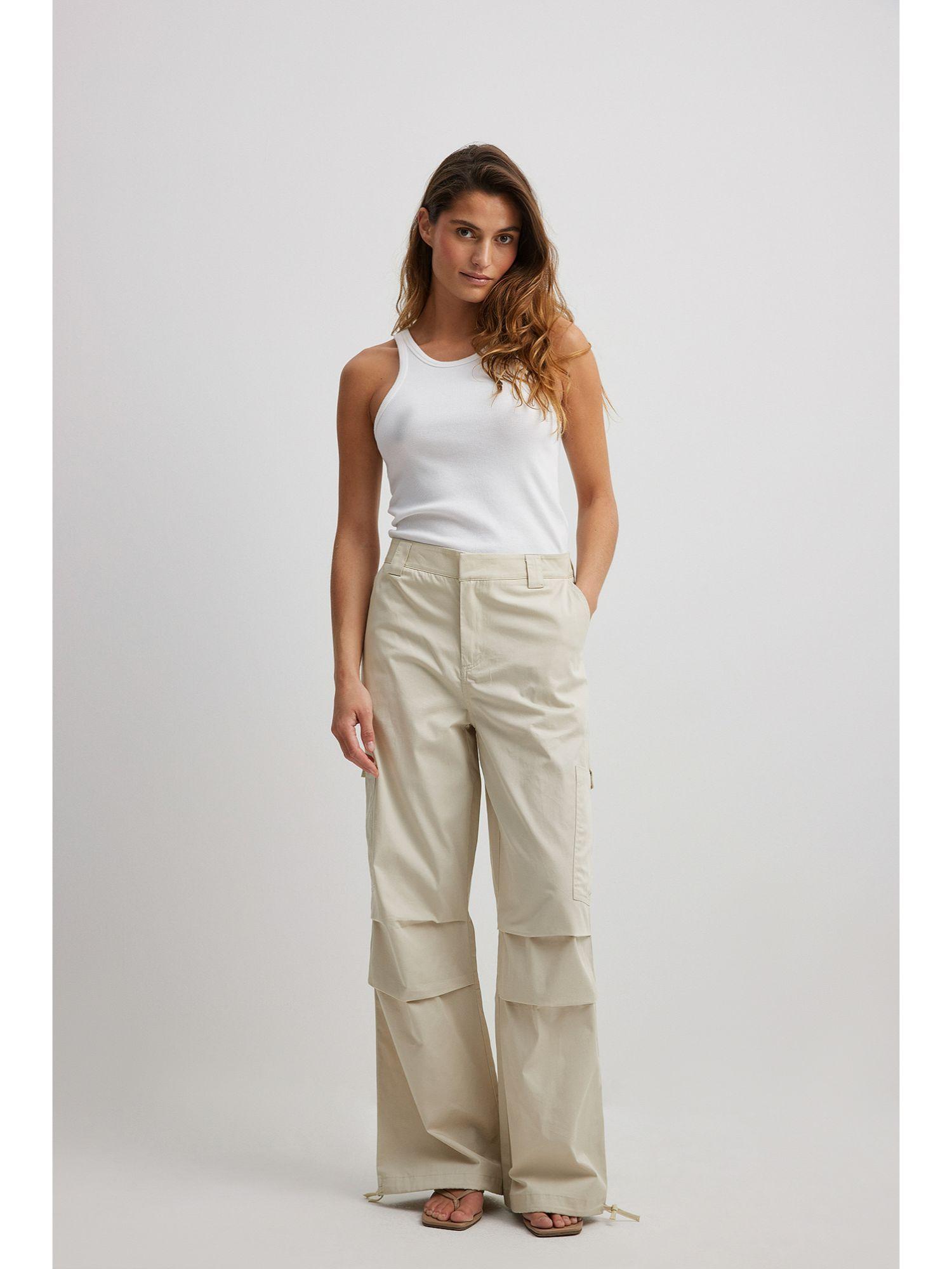 soft cotton drawstring cargo pants beige