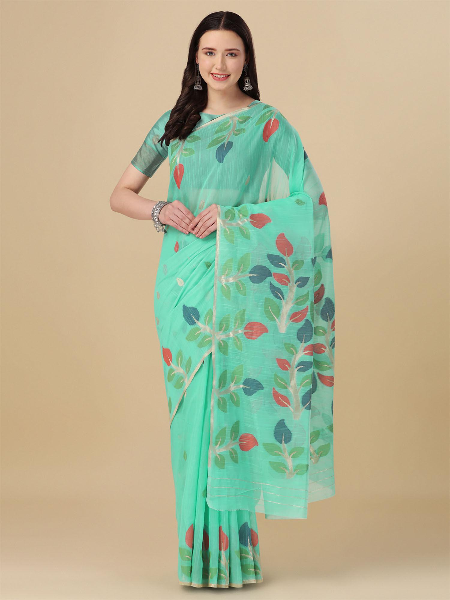 soft cotton floral printed designer saree with unstitched blouse