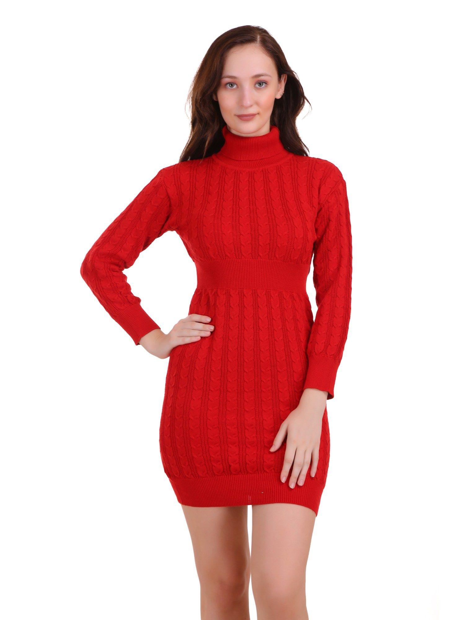 soft fitted irish cable knit red color one piece dress