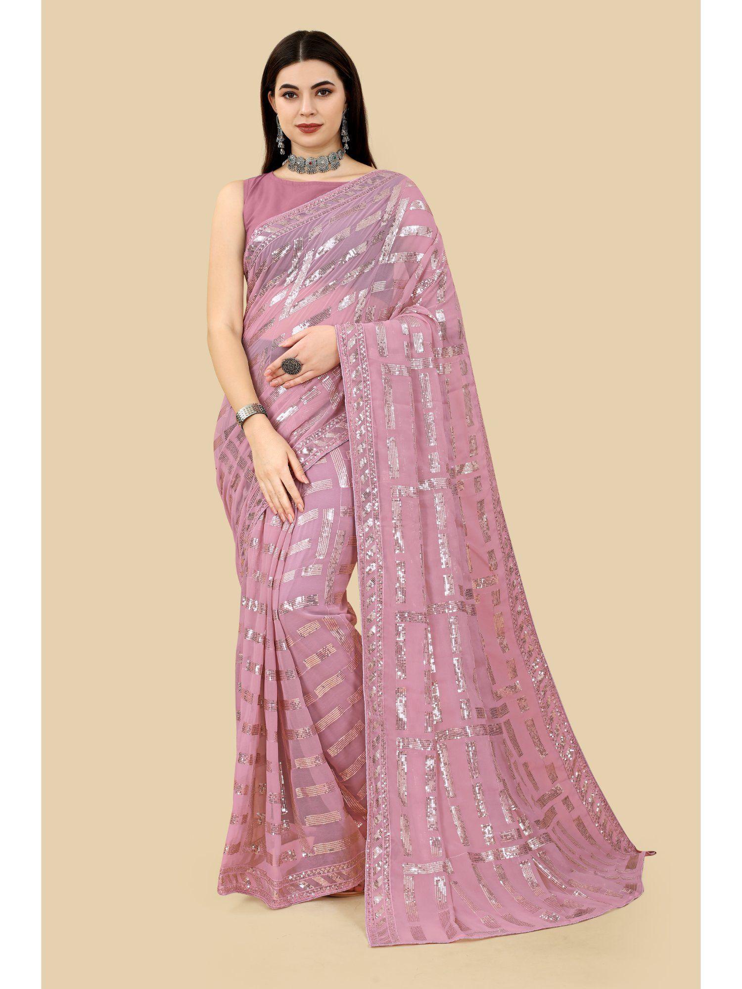 soft georgette sequence embroidery saree mauve with unstitched blouse