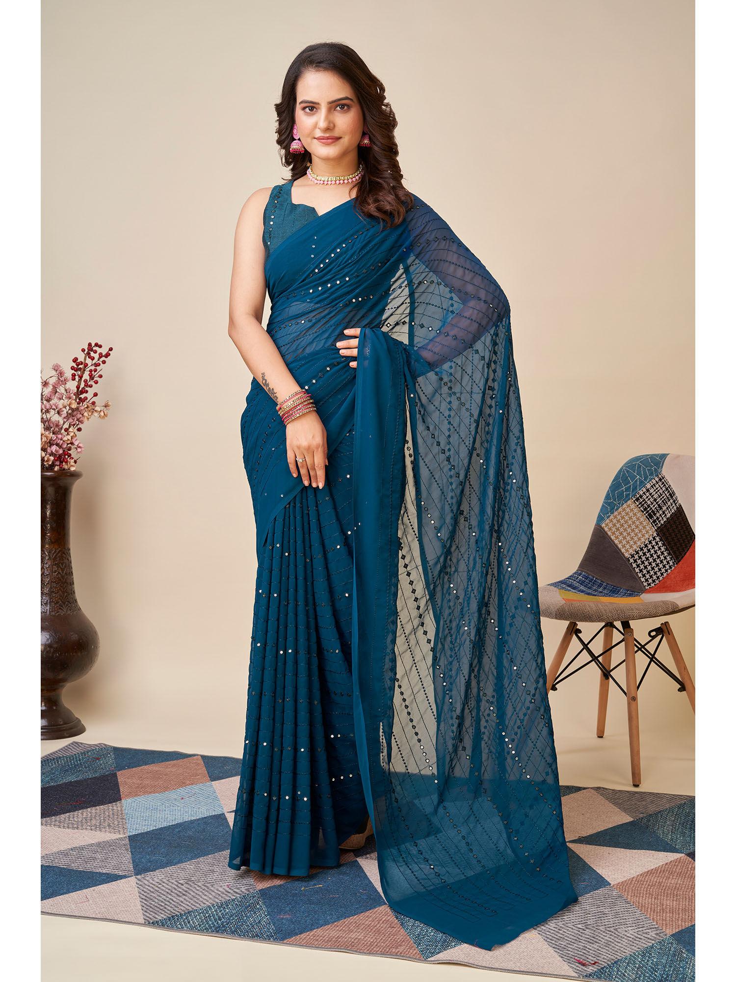 soft georgette teal saree embroidery mono banglory silk with unstitched blouse