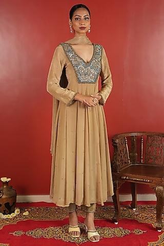 soft gold crepe embroidered anarkali set