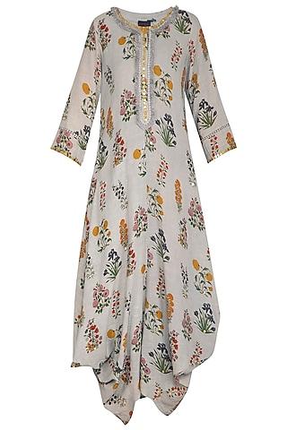 soft grey printed & embroidered kurta dress with slip