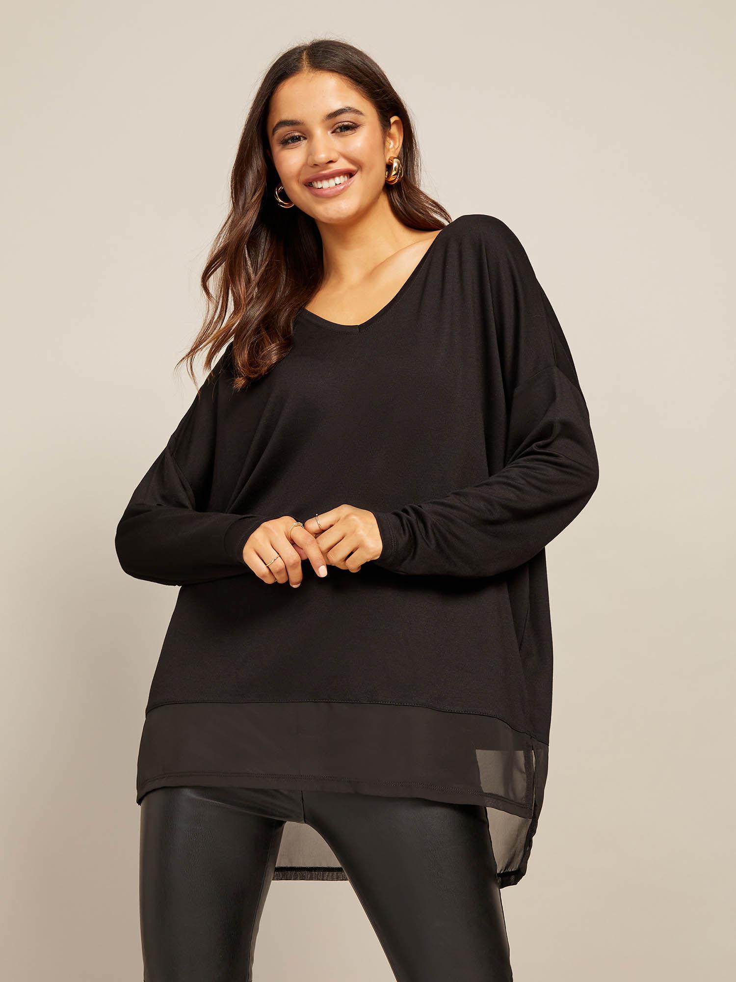 soft jersey v-neck full sleeves tunic top-black