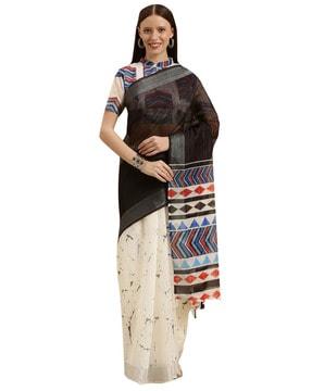 soft linen digital print half-and-half saree with tassels