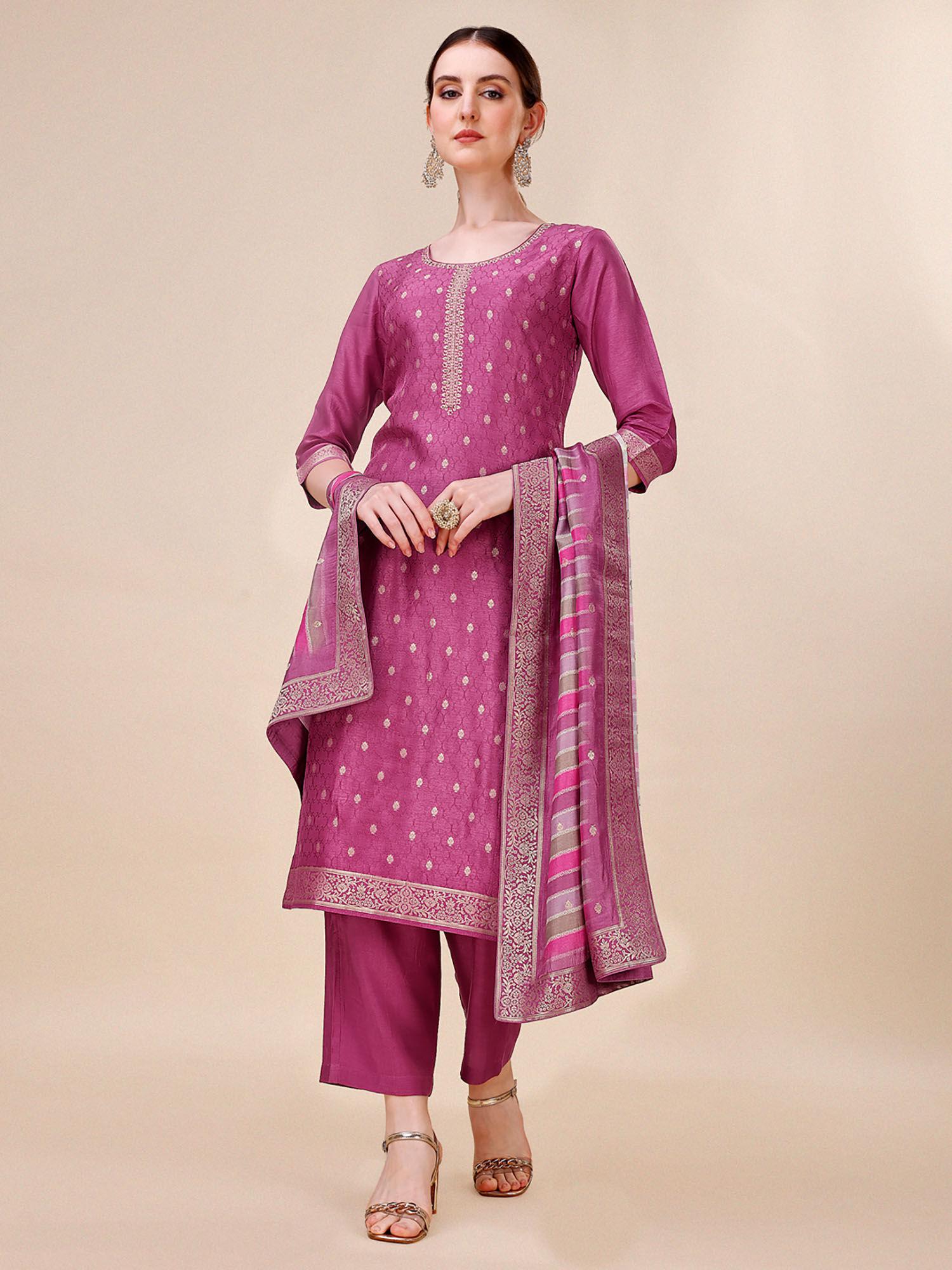soft maroon jacquard silk straight kurta with trousers & bandhani dupatta (set of 3)