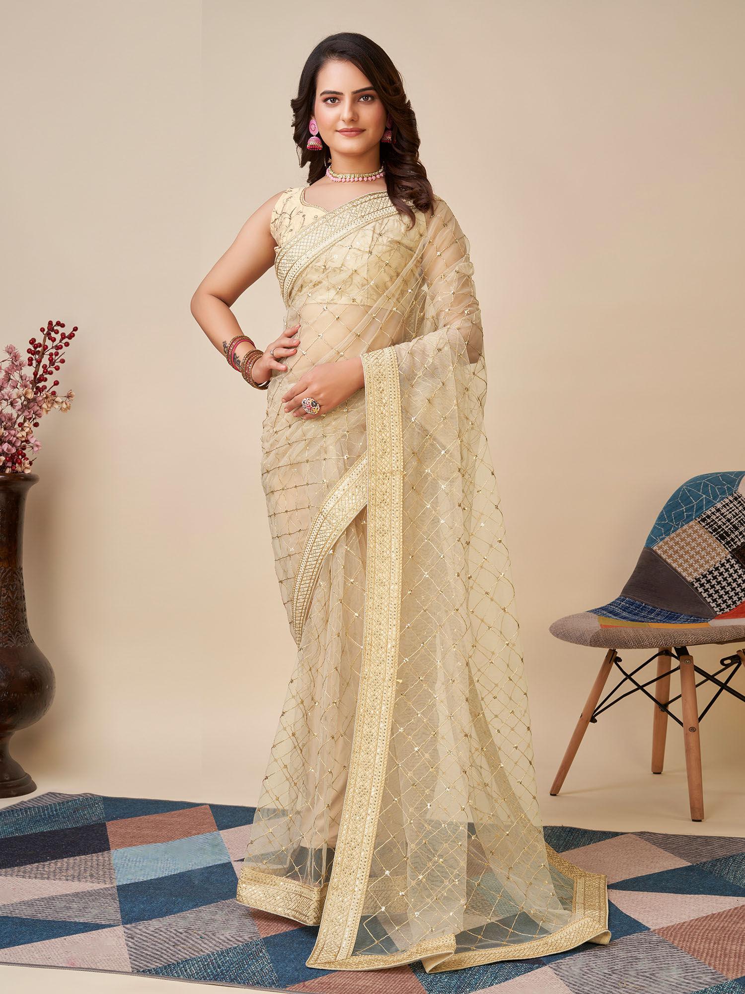 soft net cream saree embroidery work mono banglory with unstitched blouse