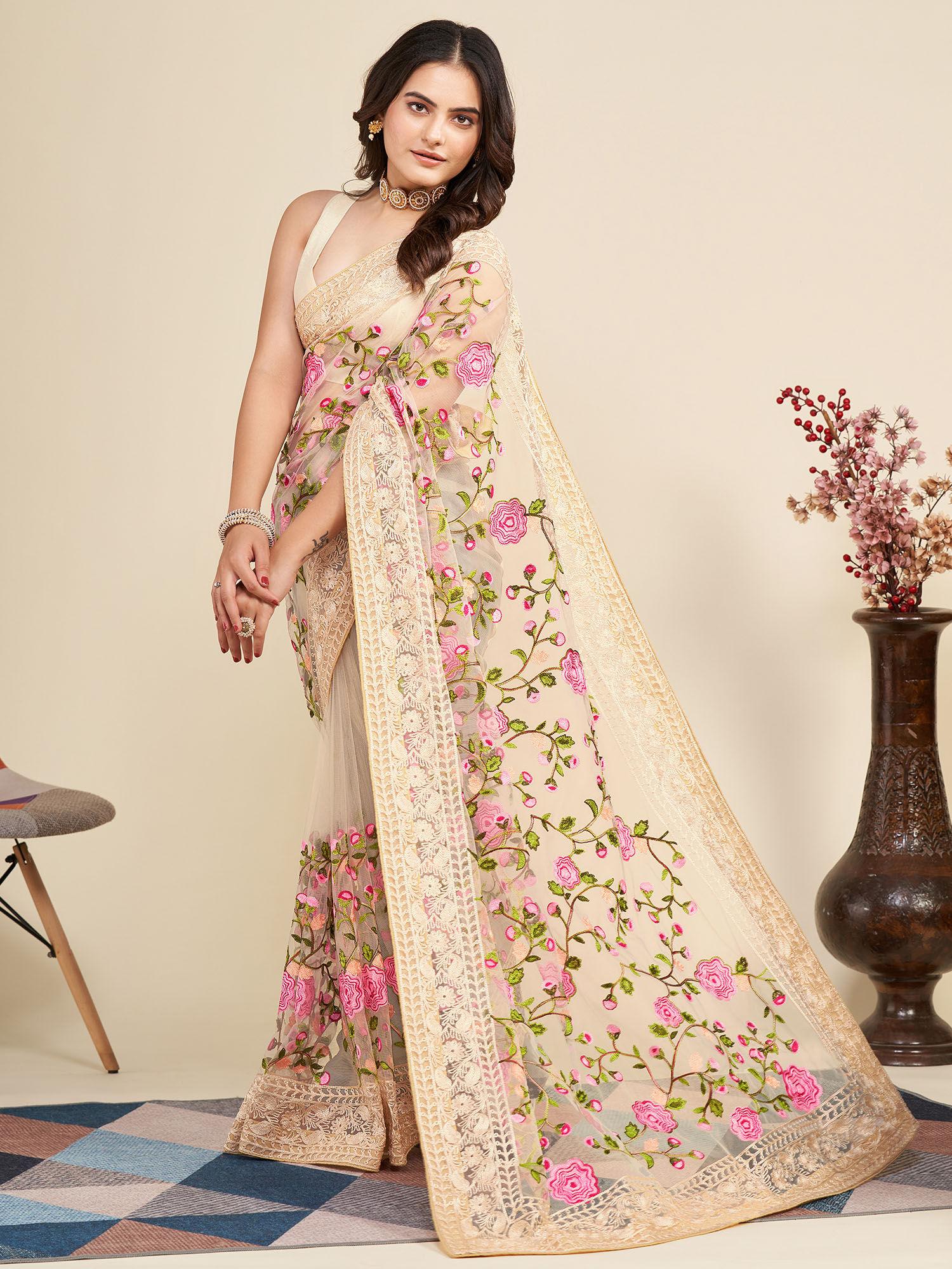 soft net cream saree flower embroidery banglory with unstitched blouse