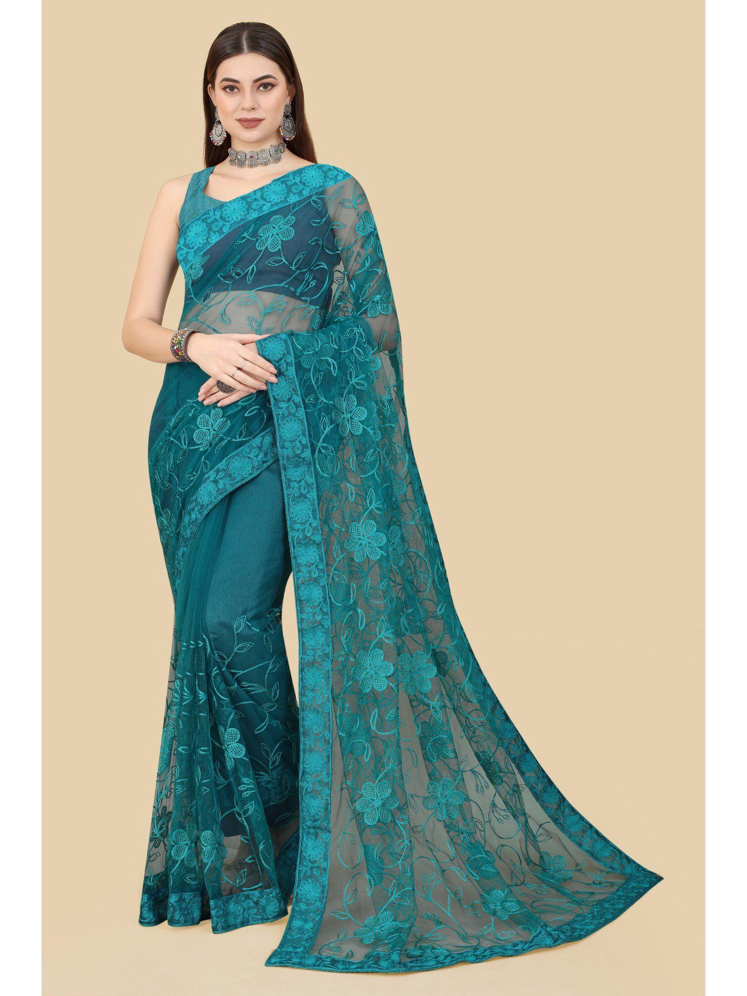 soft net embroidery & banglory saree aqua with unstitched blouse