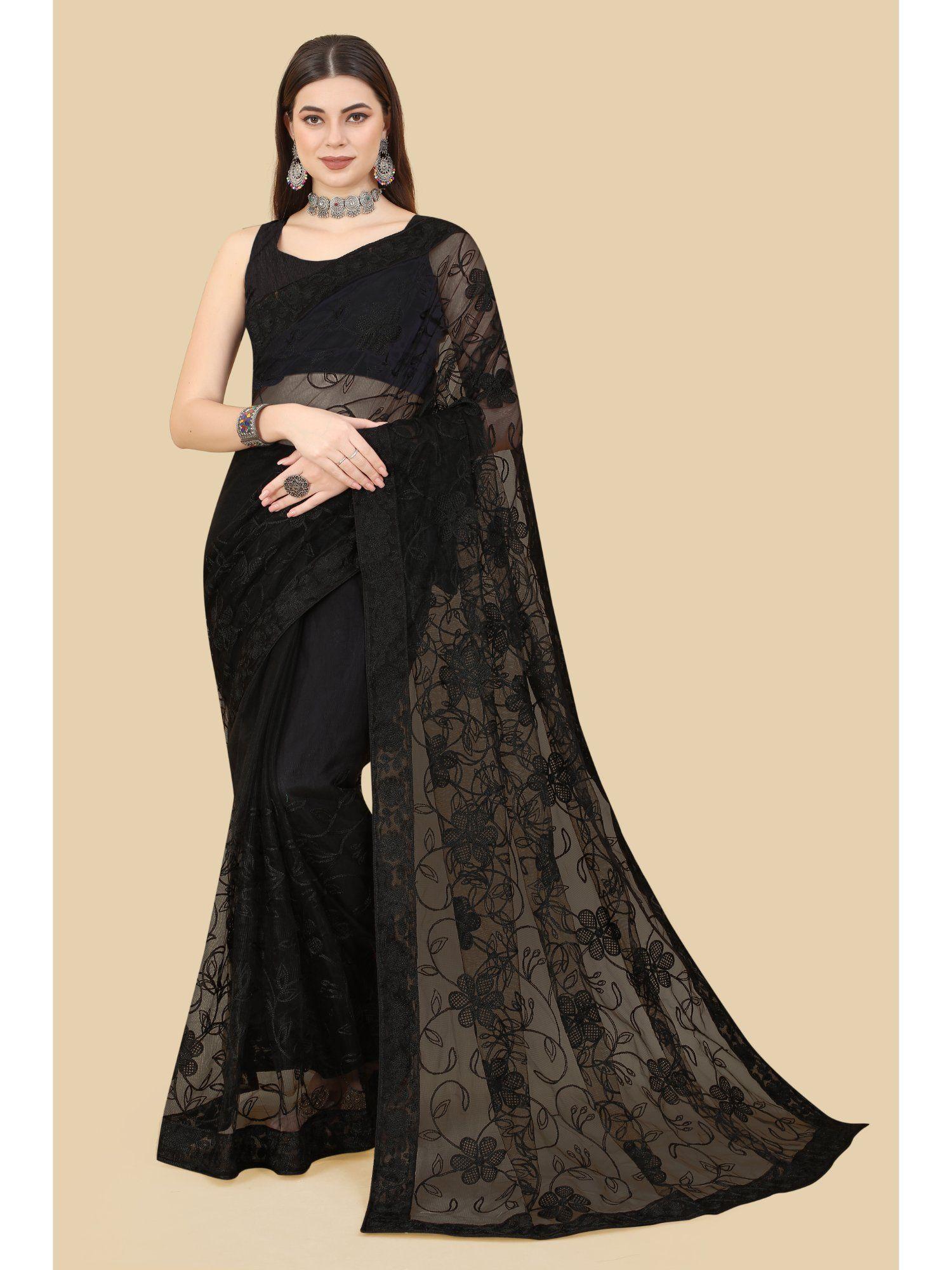 soft net embroidery & banglory saree black with unstitched blouse