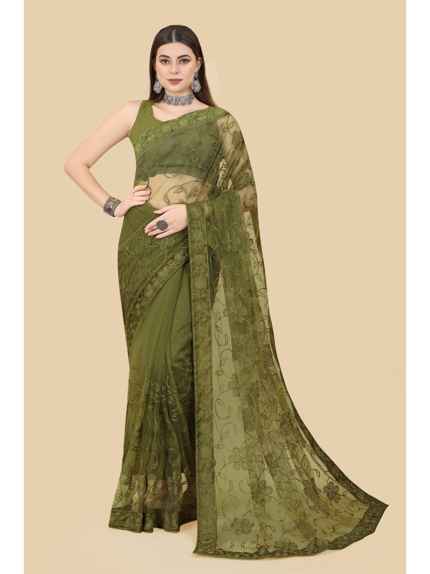 soft net embroidery & banglory saree green with unstitched blouse