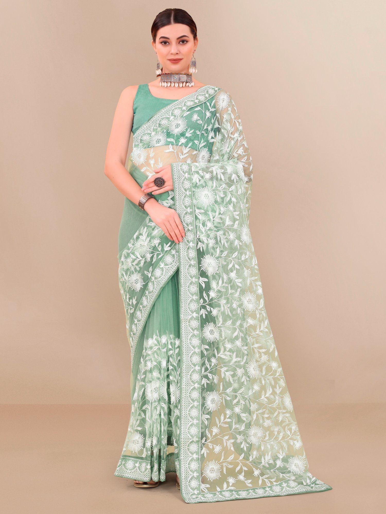 soft net embroidery & banglory saree olive with unstitched blouse