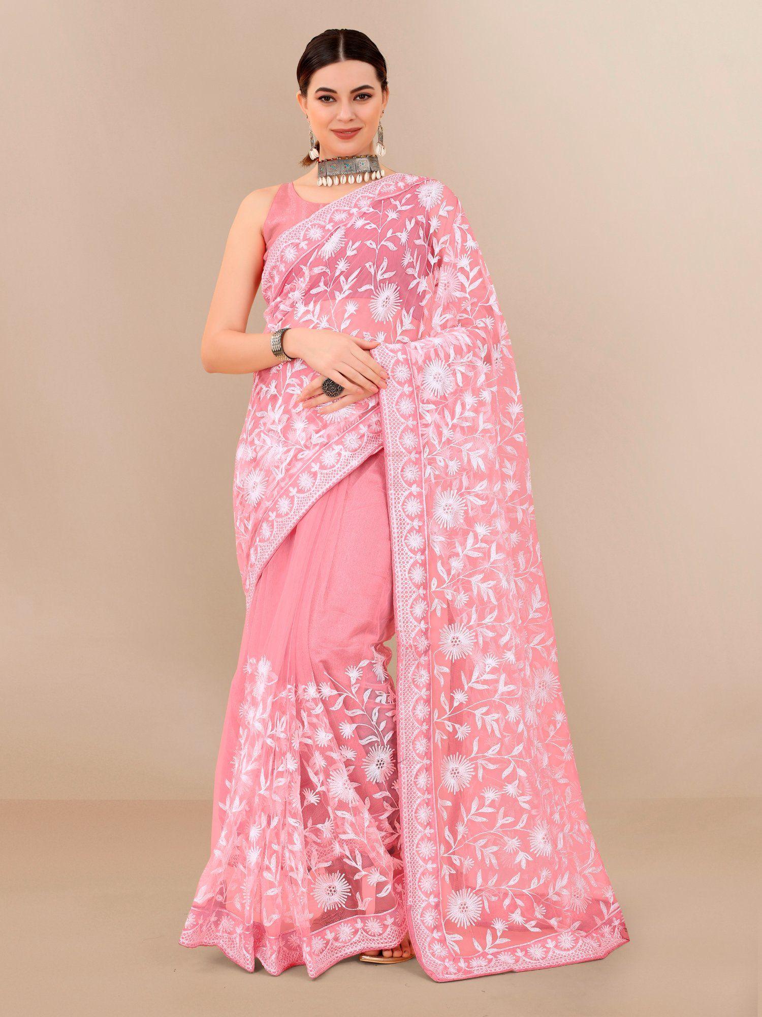 soft net embroidery & banglory saree peach with unstitched blouse