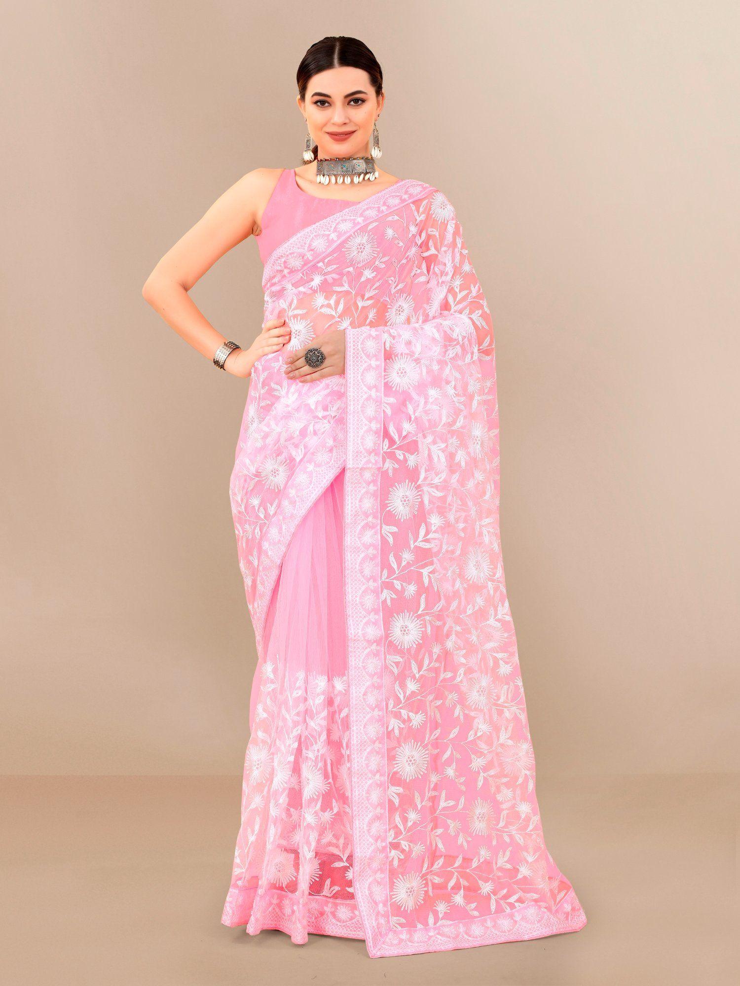 soft net embroidery & banglory saree pink with unstitched blouse