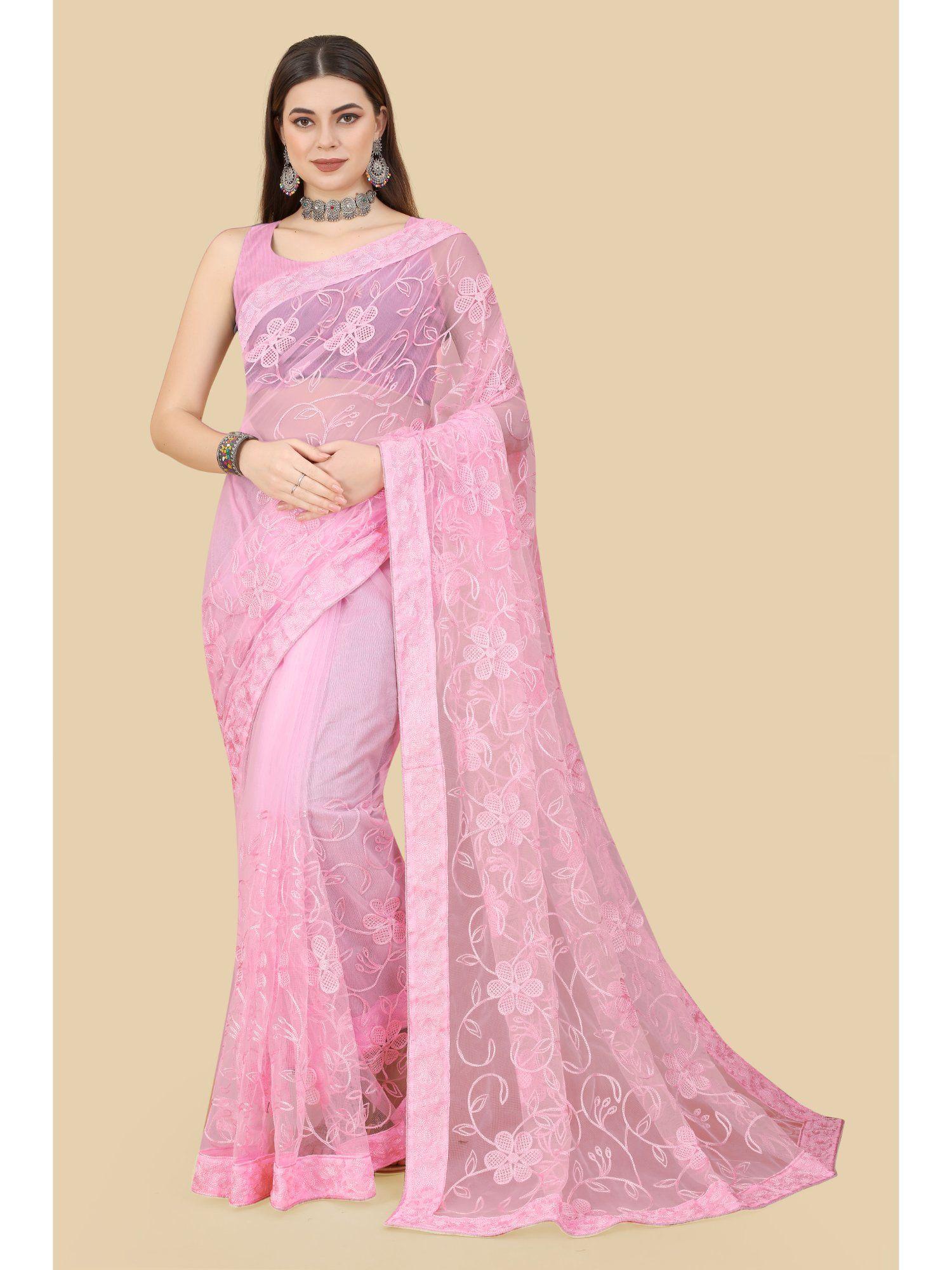 soft net embroidery & banglory saree pink with unstitched blouse