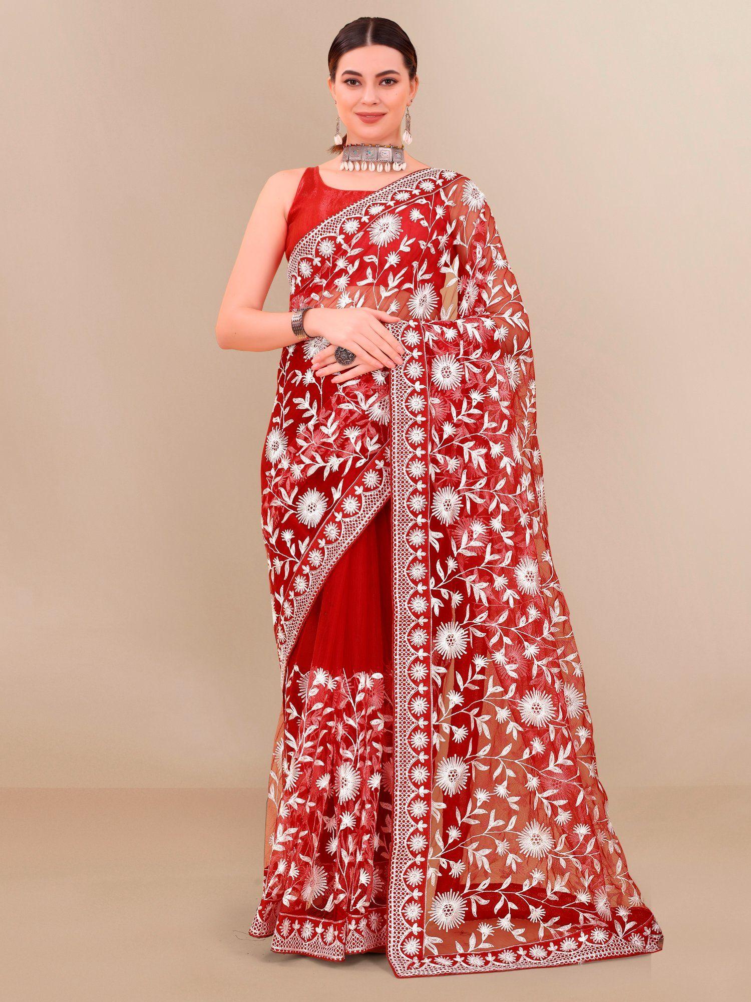 soft net embroidery & banglory saree red with unstitched blouse