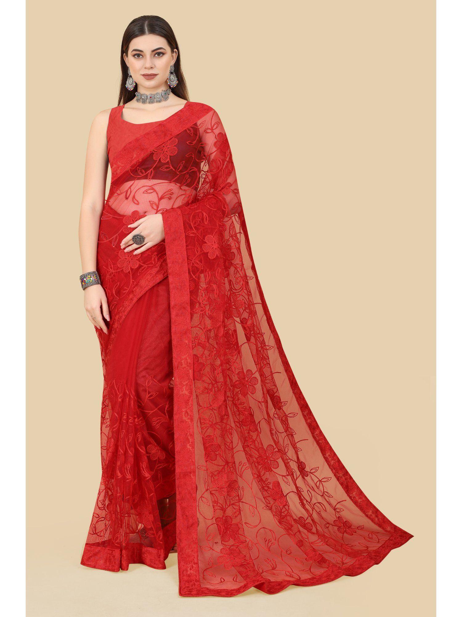 soft net embroidery & banglory saree red with unstitched blouse