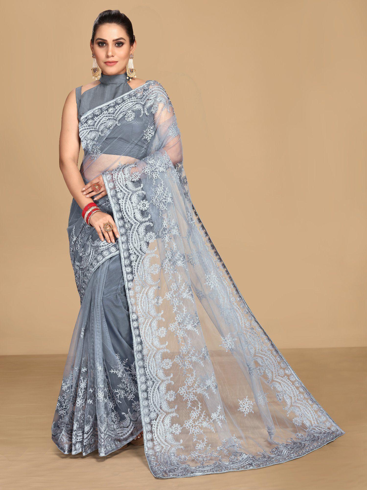 soft net embroidery banglory saree grey with unstitched blouse