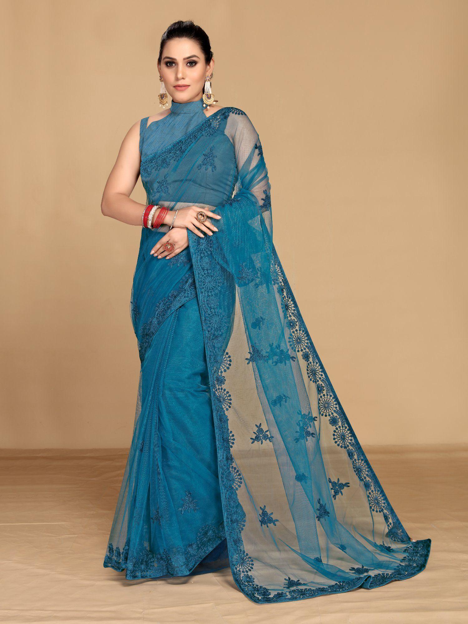soft net embroidery banglory saree teal with unstitched blouse